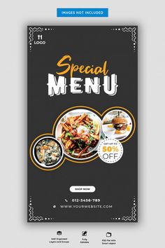 a flyer for a special menu with different food items on the front and back cover