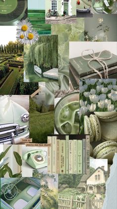 a collage of green and white images with flowers, books, cars, trees