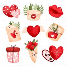 watercolor valentine's day clipart set with hearts, flowers and envelopes