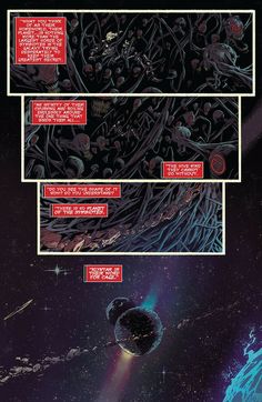 an image of the inside of a comic book with space and stars in it, as well as text