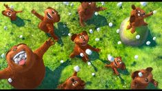 an animated image of many brown bears playing in the grass with bubbles and eggs on their backs