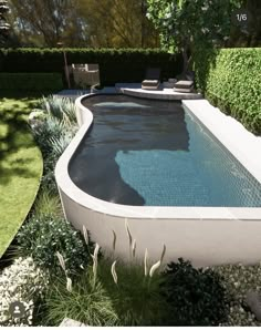 an outdoor swimming pool surrounded by greenery and shrubbery, with lounge chairs in the background