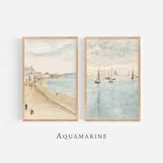 two watercolor paintings of sailboats on the ocean with caption that reads, aquamarine