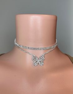 A butterfly choker chain with rhinestones, adjustable clasp. Butterfly Choker, Choker Chain, A Butterfly, Choker, Chain