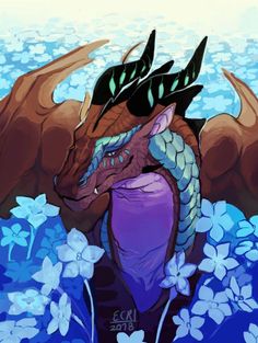 an illustration of a dragon with its mouth open and eyes closed in front of blue flowers