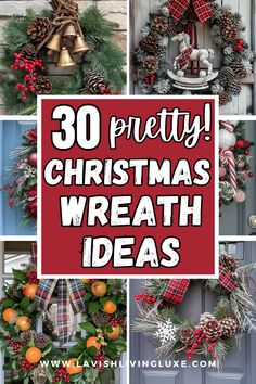 christmas wreaths with pine cones, oranges and other decorations are featured in this collage