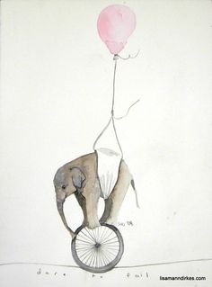 an elephant balancing on a bicycle with a pink balloon attached to it's back