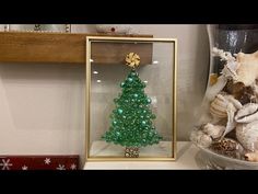 a small christmas tree in a glass case on a shelf next to shells and seashells