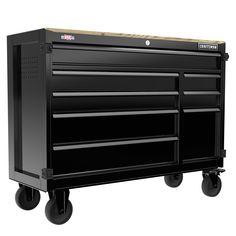 a black tool box on wheels with the door open and two drawers in front of it