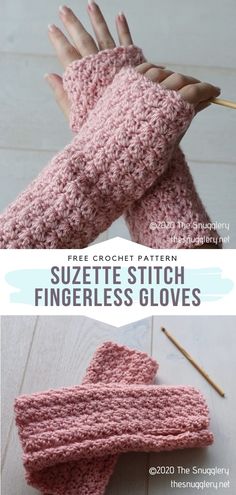 two photos showing how to knit fingerless gloves with text that says, free crochet pattern