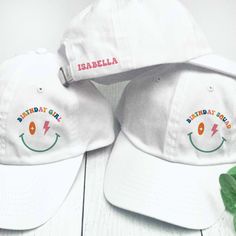 These pretty pastel birthday hats are a fun choice for you and your birthday squad! Personalize your birthday hats with the design and custom text of your choice.  These designs are available on our small fit hats (recommended for ages 5 - small adult) or our classic adult hats.  𝗗𝗘𝗦𝝞𝗚𝝢𝗦 * Birthday Girl * Birthday Squad 𝗣𝗘𝗥𝗦𝗢𝗡𝗔𝗟𝗜𝗭𝗘 𝗜𝗧 * Optional: Add 1 name or 1-2 lines of short custom text to the back 3.00 per hat)  (12 characters per name or 25 characters per line maximum) Trendy Pink Hat For Birthday, Funny White Snapback Hat, Funny White Hat As A Gift, Funny White Hat As Gift, Trendy White Mini Hat For Party, Funny White Hat For Gift, Funny White Adjustable Baseball Cap, White Playful Adjustable Hat, Playful White Adjustable Hat