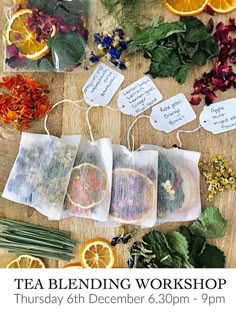 tea blending workshop with oranges, herbs and other items on a wooden table