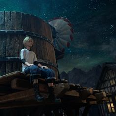 a woman sitting on top of a wooden barrel next to a building under a night sky