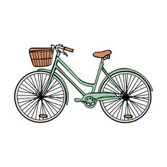 a green bicycle with a basket on the front and back wheel is shown in this drawing