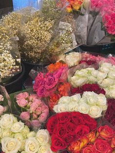 many different types of flowers on display for sale