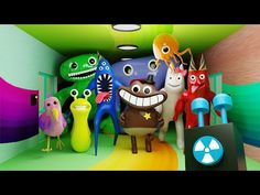 several cartoon characters are standing in a brightly colored room