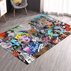 a colorful area rug with graffiti on it