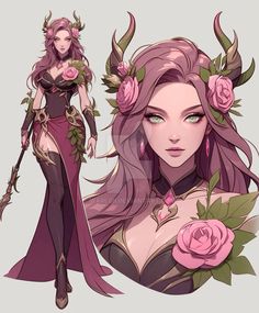 a woman with horns and flowers in her hair