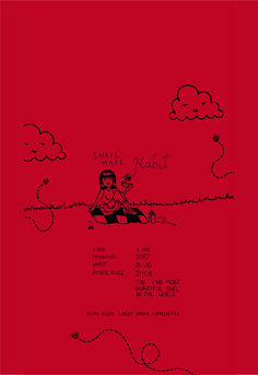 a drawing of a person in a boat on a red background with clouds and the words small island