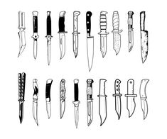 a bunch of knives that are on a white background