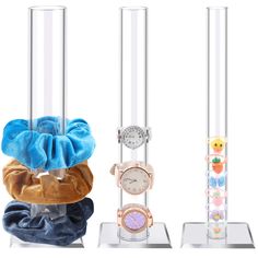 PRICES MAY VARY. ❥【Premium Quality】Scrunchie holder stand is made of a transparent acrylic plexiglass material, light, firm, and waterproof. All hair ties can be clearly seen in any corner of the room. ❥【Stack 'em Fast】These scrunchies display are available in three sizes, large, medium and small, with diameters of 1.8 inch, 1.4 inch and 1 inch respectively. The 11inch long barrel design can store the hair band with large capacity. The hair scrunchie holder's top is open, and small things can be Hair Tie Storage, Hair Tie Organizer, Scrunchie Holder, Closet Storage Accessories, Tie Organizer, Clear Hair, Organizing Hair Accessories, Cosmetic Display, Elastic Hair Ties