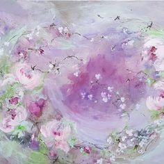 an oil painting of pink flowers on a white and purple background with space for text