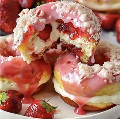 strawberry shortcake donuts with powdered sugar and strawberries