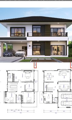 two story house plan with garage and living room in the front, an open floor plan for