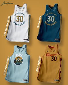 four different basketball uniforms are shown on a yellow and blue background with the number 30