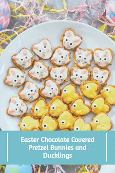 easter bunny cookies on a plate with the words, easter chocolate covered pretzel bunnies and ducklings