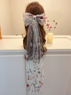 "Adorable flower embroidery hair bow. So fun for a unique bridal look. Great for reception or bachelorette party wear, too! The entire bow measures about 8\" across and the ties hang about 25\" long." Alternative Veil, Ginger Wedding, Bridal Shower Hair, Wildflower Veil, Elopement Hair, Veil Bachelorette Party, Bachelorette Party Hair, Veil Alternative, Bow Veil