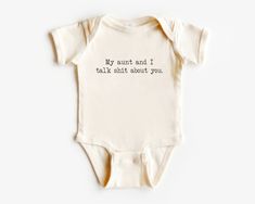 Announce to the world that nothing can come between you and your aunt with this adorable onesie! Made from natural cotton, this cute and funny bodysuit is sure to bring laughter and smiles wherever you go! Perfect for any aunt and niece duo that enjoys a good laugh! Products Detail: 100% combed ring-spun cotton (fiber content may vary for different colors) Infant unisex fit Light fabric Innovative three-snap closure Tagless. Easy Tear-away label Maybe you like this collection: Neutral outfit Com Take Me To My Aunt You Peasant Onesie, Niece Gifts From Aunt, Auntie Onsies For Babies, Auntie Baby Onesies, Aunt Duties, Going To Be An Aunt