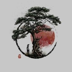 a painting of a bonsai tree in front of a red moon with chinese writing on it