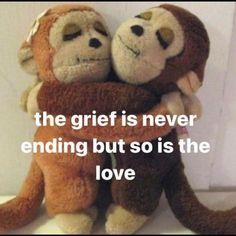 two stuffed monkeys hugging each other with the caption, the gift is never ending but so is the love