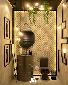 a bathroom with a toilet, mirror and plant hanging from it's side wall