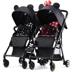 two strollers with minnie mouse ears on them, one is black and the other is red