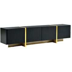 a black and gold sideboard with two shelves on each side, against a white background