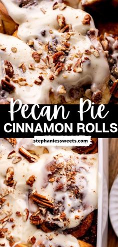 pecan pie cinnamon rolls with icing and pecans on top