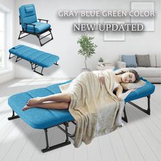 a woman laying on top of a blue chaise lounge chair in a living room