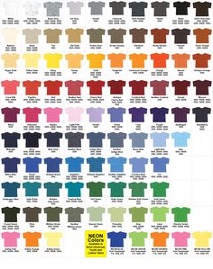 the color chart for t - shirts with different colors