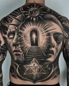 a man with tattoos on his back has an open door to another person's head