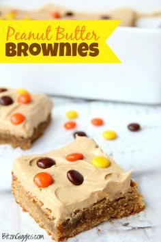 peanut butter brownies with chocolate and candy on top