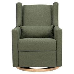 a green chair with a wooden base and armrests on the back, in front of a white background