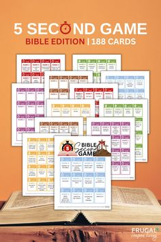 the 5 second game bible card game is shown on top of an open book and has five