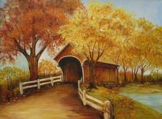 a painting of a covered bridge in the fall