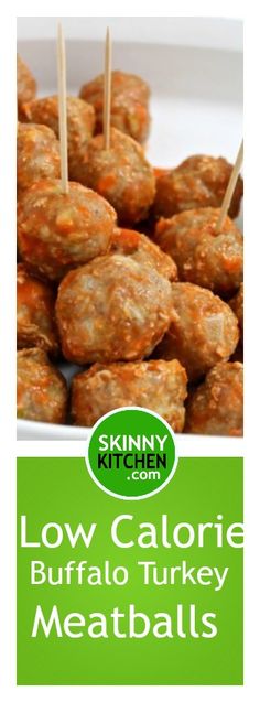 low calorie buffalo turkey meatballs with skewered toothpicks in a white bowl