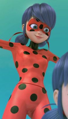 an animated lady bug is standing next to a woman in red and black polka dots