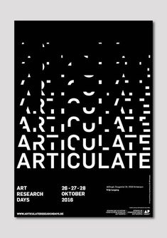 an art exhibition poster with black and white type on it's front cover,