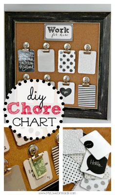 a cork board with magnets and clipboards attached to it that says diy chore chart