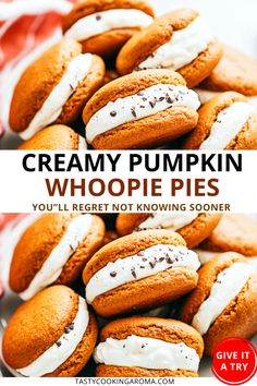 a pile of creamy pumpkin whoopie pies with text overlay